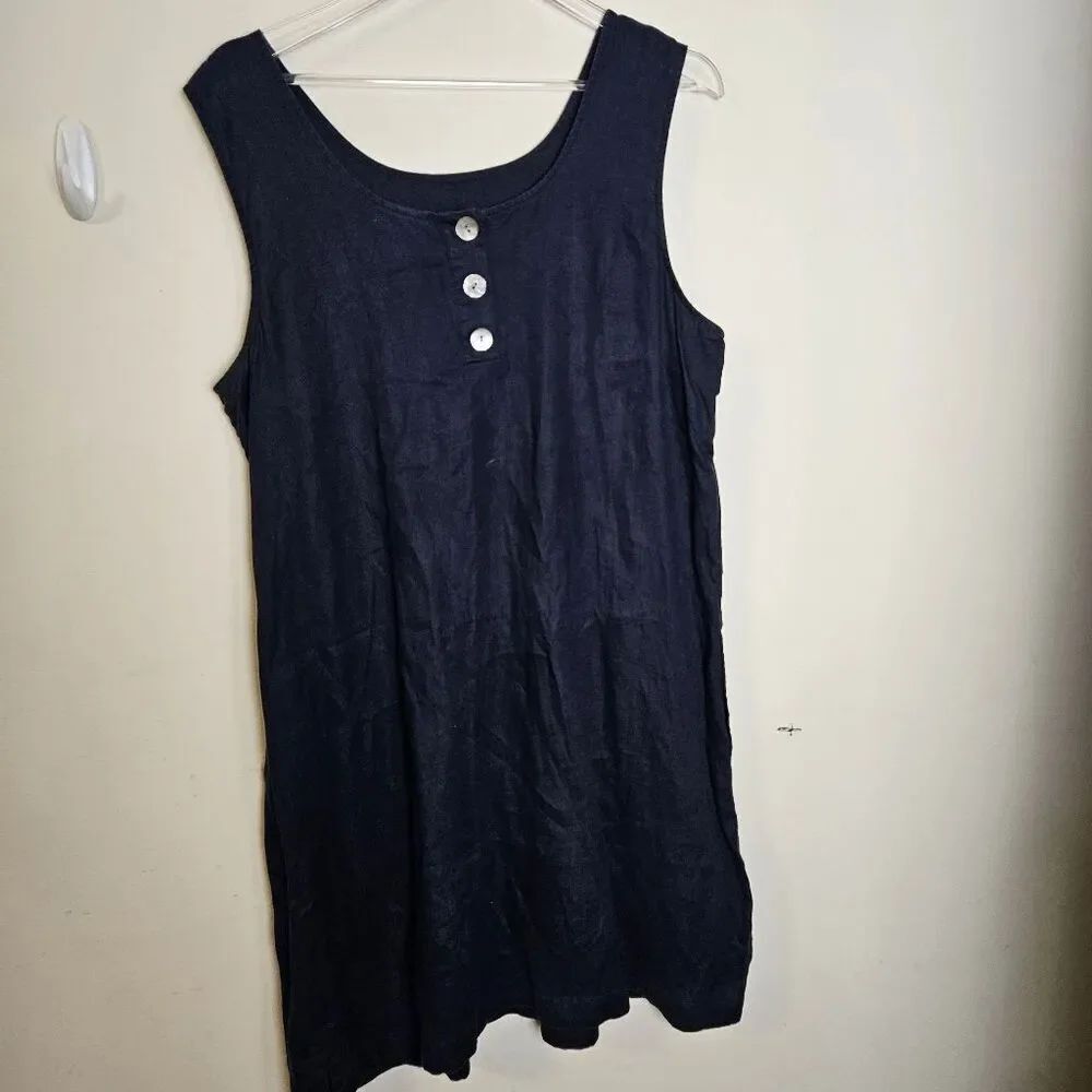 J. Jill Love Linen Sleeveless Swing Dress Button Back Pockets Womens Navy Blue S